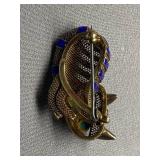 Chinese Mesh Sterling Silver 925 Enamel Cat Brooch with Turquoise Eyes