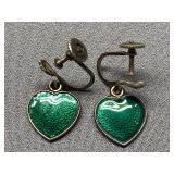 Meka Denmark Sterling Silver 925 Green Enamel Heart Earrings
