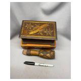 Lot of Carved Wooden Boxes and Decorative Pipe