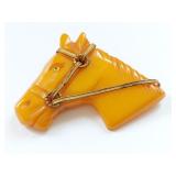 Vintage Bakelite Horse Brooch in Amber Tone