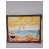 Framed Original Artwork Beach Scene Woman in Bikini Signed 20x16