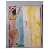 Framed Original Artwork Beach Scene Woman in Bikini Signed 20x16