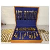 Gold-Toned Flatware Set in Wooden Case - Complete Dining Set