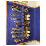 Gold-Toned Flatware Set in Wooden Case - Complete Dining Set