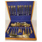 Gold-Toned Flatware Set in Wooden Case - Complete Dining Set