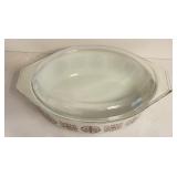 LR - Rare 1958 Pyrex 045 2.5 Qt Casserole Dish with Gold Hex Pattern and Lid