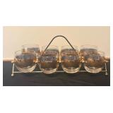 Set of 8 Vintage Culver Glasses with Gold Pattern and Metal Holder