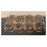Set of 8 Vintage Culver Glasses with Gold Pattern and Metal Holder