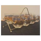 Set of 8 Vintage Culver Glasses with Gold Pattern and Metal Holder