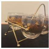 Set of 8 Vintage Culver Glasses with Gold Pattern and Metal Holder