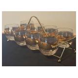 Set of 8 Vintage Culver Glasses with Gold Pattern and Metal Holder