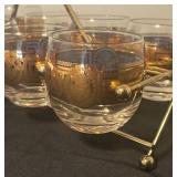 Set of 8 Vintage Culver Glasses with Gold Pattern and Metal Holder