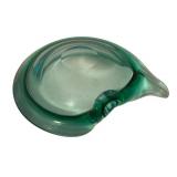 Vintage Art Glass Dish or Ashtray with Blue-Green Swirl Design