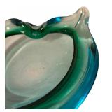 Vintage Art Glass Dish or Ashtray with Blue-Green Swirl Design