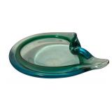 Vintage Art Glass Dish or Ashtray with Blue-Green Swirl Design