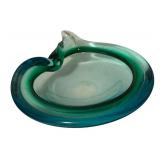 Vintage Art Glass Dish or Ashtray with Blue-Green Swirl Design