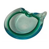 Vintage Art Glass Dish or Ashtray with Blue-Green Swirl Design