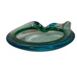 Vintage Art Glass Dish or Ashtray with Blue-Green Swirl Design