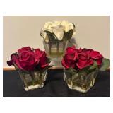Set of 3 Faux Rose Arrangements in Glass Vases