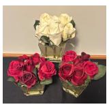 Set of 3 Faux Rose Arrangements in Glass Vases