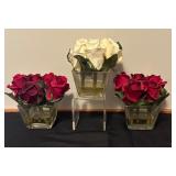 Set of 3 Faux Rose Arrangements in Glass Vases