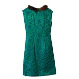 Vintage Green Floral Dress with Fur Collar