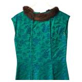 Vintage Green Floral Dress with Fur Collar