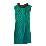 Vintage Green Floral Dress with Fur Collar