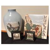 Bing & Grondahl Denmark Vase, Montserrat Tile, and 2 Framed Mini Art Prints
