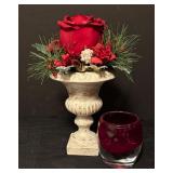 Crate & Barrel Diva Ruby Votive Candle Holder and Faux Rose Floral Arrangement