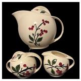 Vintage Hand-Painted Pot, Creamer, and Sugar Dish Set with Cherry Design