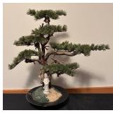 Vintage Faux Bonsai Tree Decor with Porcelain Figurine