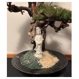 Vintage Faux Bonsai Tree Decor with Porcelain Figurine