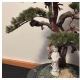 Vintage Faux Bonsai Tree Decor with Porcelain Figurine