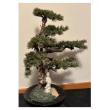 Vintage Faux Bonsai Tree Decor with Porcelain Figurine