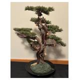 Vintage Faux Bonsai Tree Decor with Porcelain Figurine