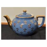 Vintage Hall Boston Blue Fleur de Lis Teapot with Gold Trim