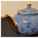 Vintage Hall Boston Blue Fleur de Lis Teapot with Gold Trim