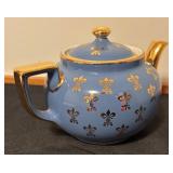 Vintage Hall Boston Blue Fleur de Lis Teapot with Gold Trim