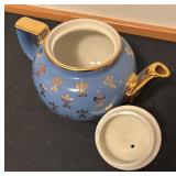 Vintage Hall Boston Blue Fleur de Lis Teapot with Gold Trim