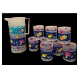 Vintage Plastic Pitcher with 8 Glasses Colorful Tropical Design