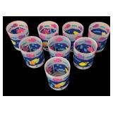 Vintage Plastic Pitcher with 8 Glasses Colorful Tropical Design