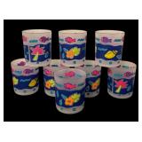 Vintage Plastic Pitcher with 8 Glasses Colorful Tropical Design