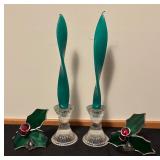 Stained Glass Holly Candle Holders and Green Twist Candles with Crystal Candle Holders