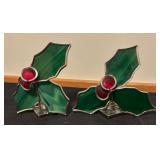 Stained Glass Holly Candle Holders and Green Twist Candles with Crystal Candle Holders