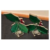 Stained Glass Holly Candle Holders and Green Twist Candles with Crystal Candle Holders