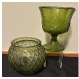 Vintage Avocado Green Glass Pedestal Dish and Round Vase
