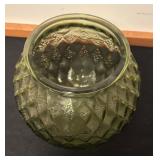 Vintage Avocado Green Glass Pedestal Dish and Round Vase