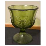 Vintage Avocado Green Glass Pedestal Dish and Round Vase
