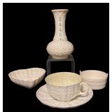 Belleek Porcelain Cup with Saucer, Vase and Dishes